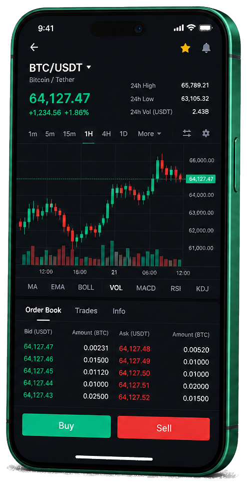 Mobiele handelsinterface van Stream Evista Ai — live BTC/USDT-grafiek met orderboek en functies voor kopen en verkopen